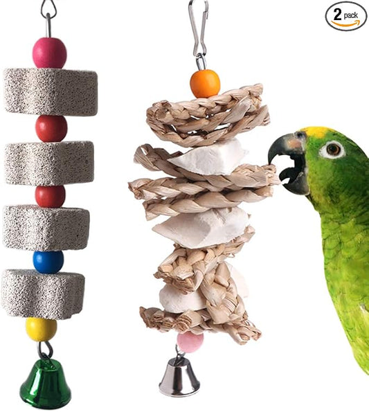 PINVNBY 2 Pack Parrot Toys Chewing Bird Toy Cuttlebone Beak Grinding Stone Cage Hanging Toys with Bell for African Greys Amazon Conure Eclectus Budgies Parakeet Cockatiel Hamster Chinchilla