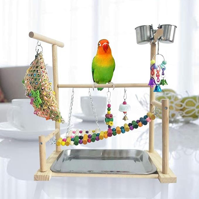 kathson Parrot Playstand Bird Playground Conures Play Stand Wood Perch Gym Playpen Ladder Parakeets Cage Accessories Exercise Toys with Swings Feeder Cups for Cockatoos Lovebirds