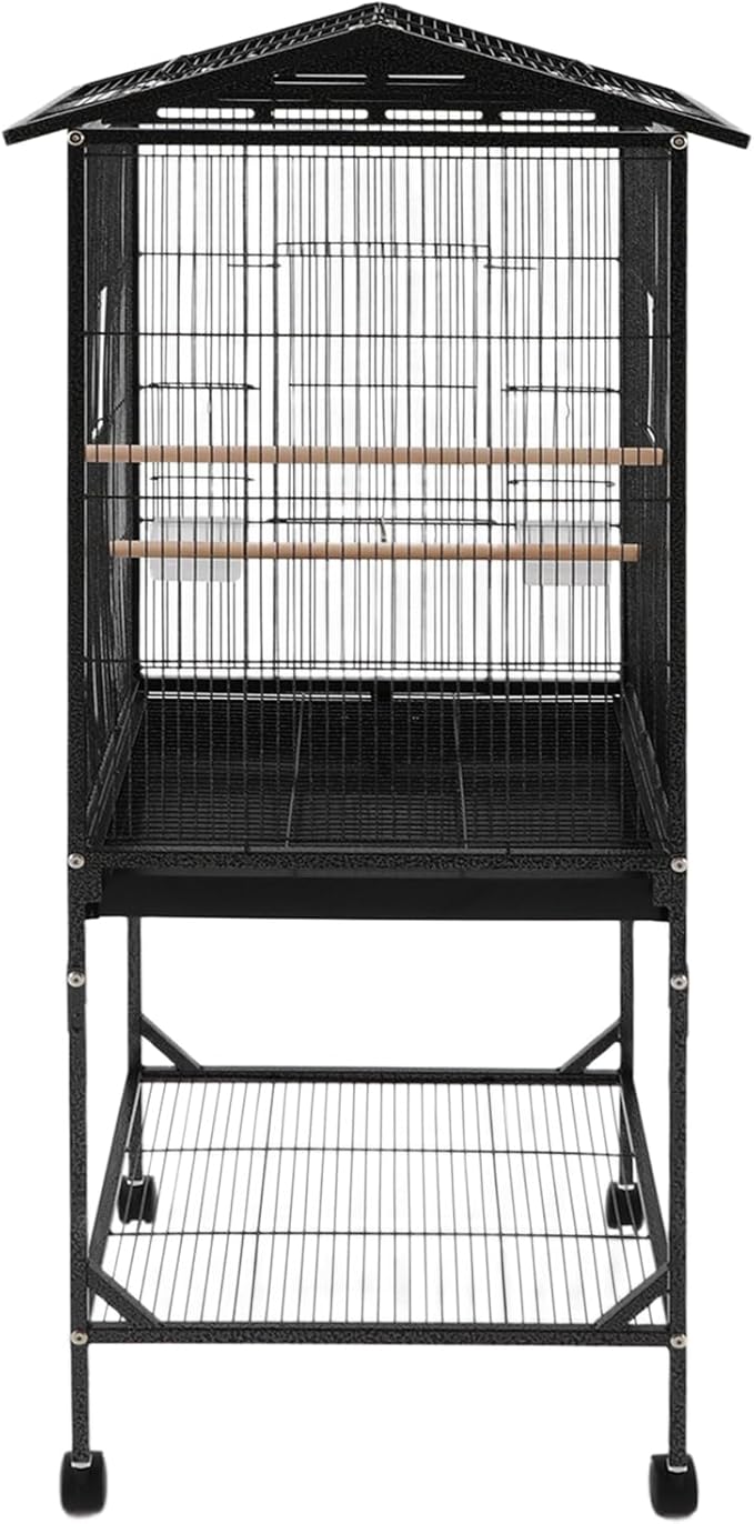 Extra Large Bird Cage 54Inch Wrought Iron Bird Cage with Rolling Stand Metal Parrot Cage with Open Play Top Perch Stand for Conures Lovebirds Cockatiels Finches (Black)