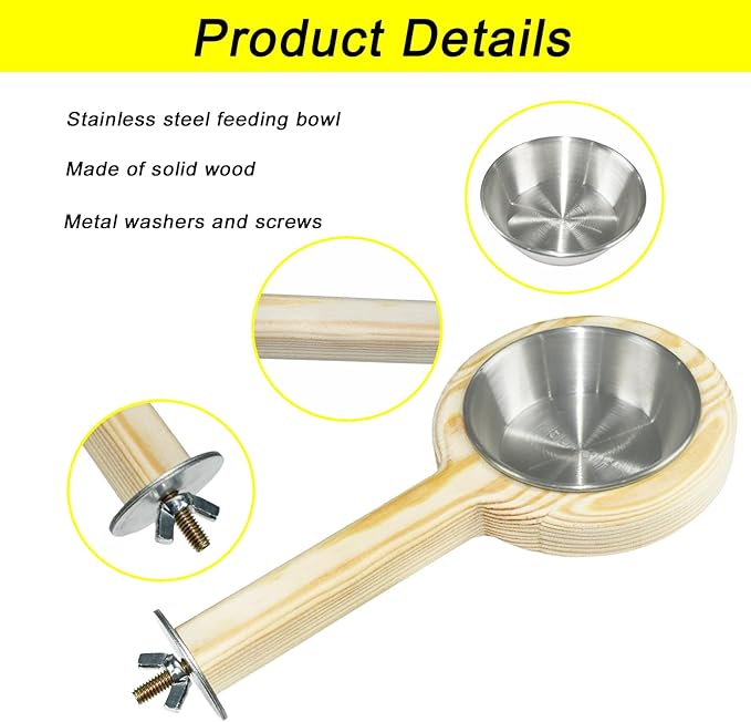 ASOCEA 2 Pack Bird Perch Feeding Cup, Bowls for Cage Wooden Perch Stand Hanging Bowls for Bird Cage Accessory Parrot Wood Perch Stand Toy for Parakeet Lovebird Cockatiel Budgie