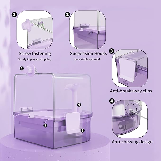 Automatic Bird Baths for Cage – Indoor Parakeet Bath with Pump, Bird Shower with 2 Modes Running Water, Bird Cage Accessory for Pet Birds Conure Budgies Cockatiels Lovebird (Purple)