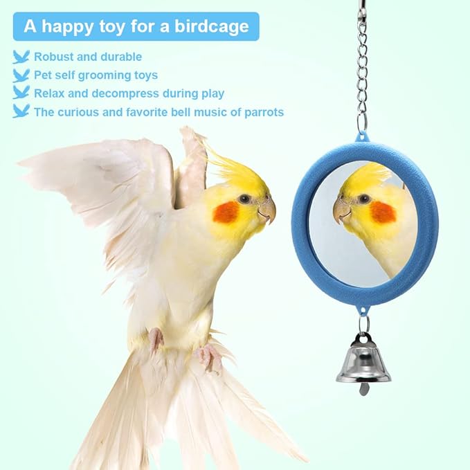 Litewoo Parrot Mirror Toys with Bells Hanging Pendant Random Color Bird Cage Mirror Swing Toy 2-Pieces （Two Round）