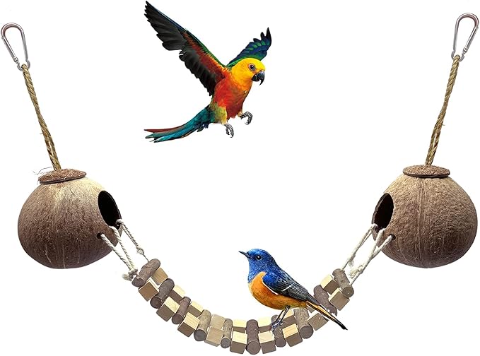 Hamiledyi Coconut Bird Nest Hut with Ladder Hanging Birds Hide House Toy for Cage Natural Coco Shell Hideaway for Parakeet Lovebirds Finch Syrian Hamster Gecko Squirrel Climbing