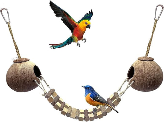 Hamiledyi Coconut Bird Nest Hut with Ladder Hanging Birds Hide House Toy for Cage Natural Coco Shell Hideaway for Parakeet Lovebirds Finch Syrian Hamster Gecko Squirrel Climbing