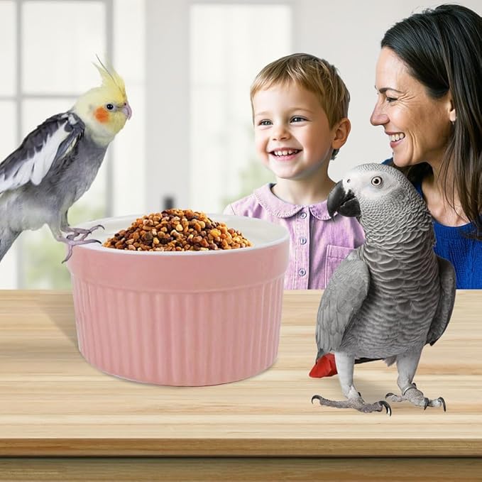 Bird Cage Feeder Parrot Food Cage Bowl Clamp Holder Coop Cup, Ceramic Bird Cage Water Bowl, Pet Feeder Cage for Parakeet African Greys Conure Cockatiels Lovebird Budgie Chinchilla-Pink