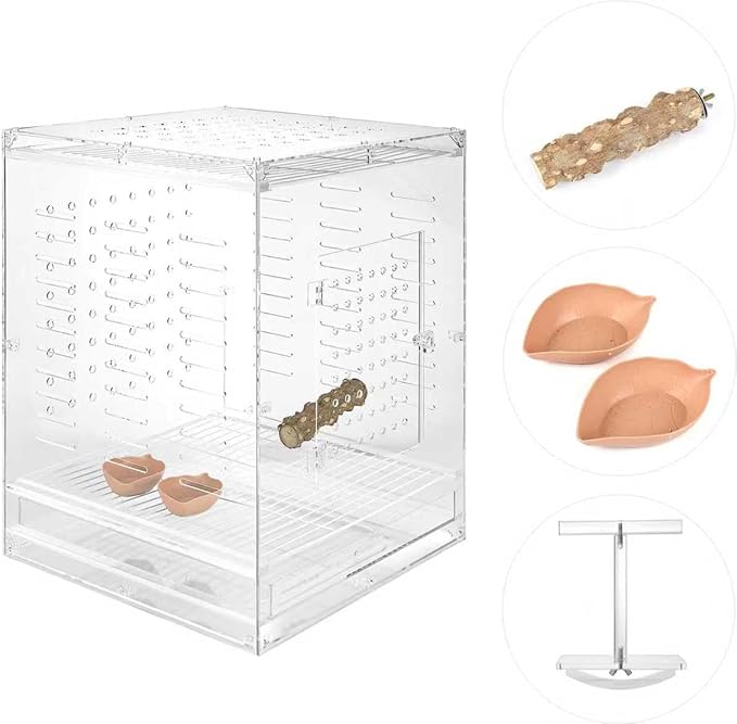 Clear Acrylic Bird Cage for Small Birds, Transparent Display Habitat for Canary, Parakeet - Easy to Clean & Assemble (14x15x20in)
