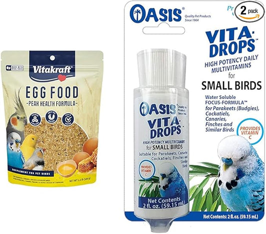 Vitakraft Bird Egg Food 1.1lb and Oasis Vita Drops 2oz Multivitamin for Parrots, Parakeets, Cockatiels, Canaries, Finches, Budgies, Small Parrots