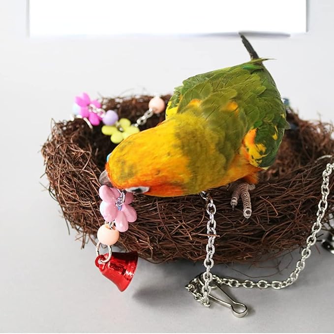Natural Rattan Nest Small Medium Large Bird Swing with Bells for Parrot Parakeet Cockatiel Conure Cockatoo Macaw Amazon African Grey Lovebird Finch Canary Budgie Cage Perch Toy (Small)
