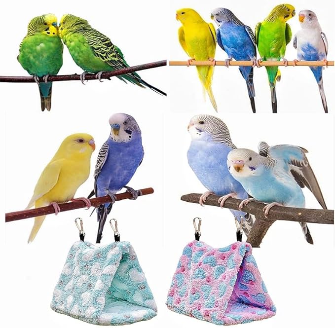 2 Pack Warm Bird Nest Plush Snuggle Bird Hammock Hanging Bird Cave Parrot Sleeping Bed Shed Hut Hanging Tent for Budgies Finch Parakeet Cockatiel Cockatoo Lovebird-Loving Heart (Pink&Green)