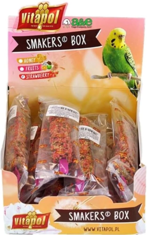 Vitapol Smakers by A&E Cage Co Strawberry Treat Sticks for Parakeets – Twin Pack Bird Treat Sticks – Natural Hanging Foraging Snack with Real Strawberry for Parakeets, Budgies & Small Hookbills