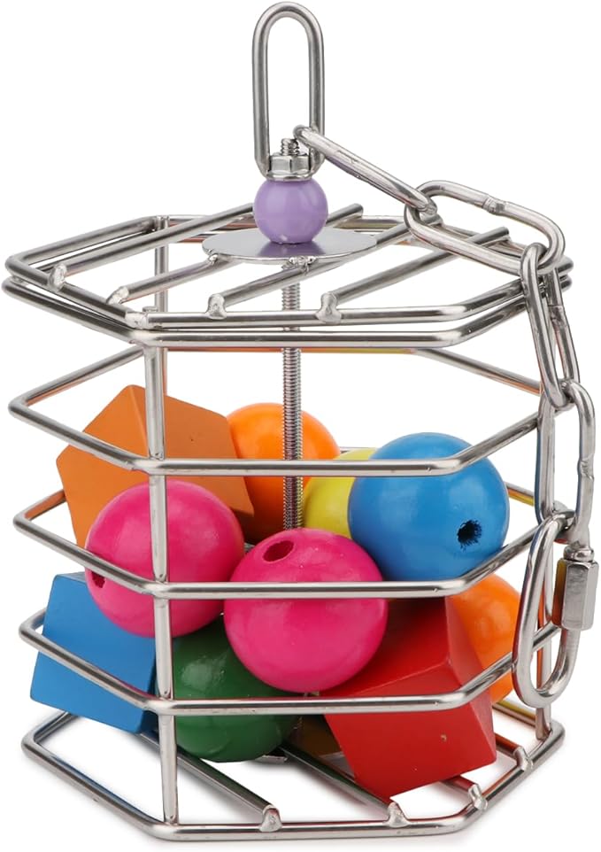 Hypeety Bird Foraging Toys Stainless Steel Foraging Basket Millet Holder for Bird Cage Unique Hanging Feeder for Macaws Cockatoos African Grey Cockatiel Conures Amazon Parrot(Feeder+Blocks)