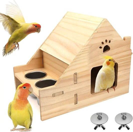 DQITJ Bird Wooden Nest with 2 Pcs Stainless Steel Food Bowl Cage Breeding House for Small Bird Conure Lovebird Finch Parrot Parakeet Cockatiel Budgie