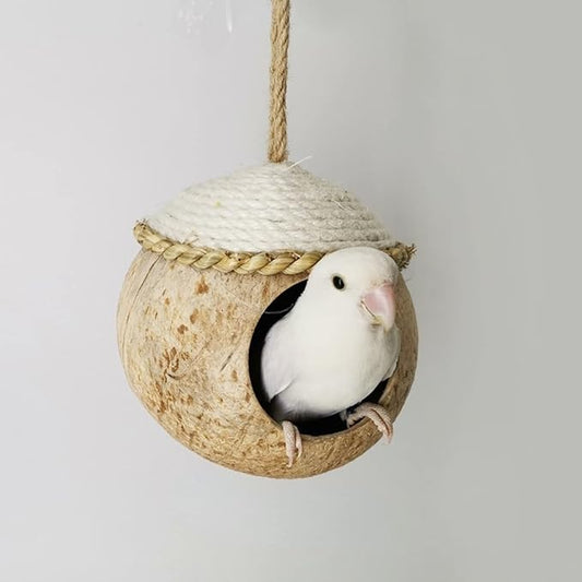 Nest for Birds Bird Nest House Natural Coconut Shell Simulation Birdhouse Grass Bird Hut Parakeet Nesting Box (Straw Rope - Small)