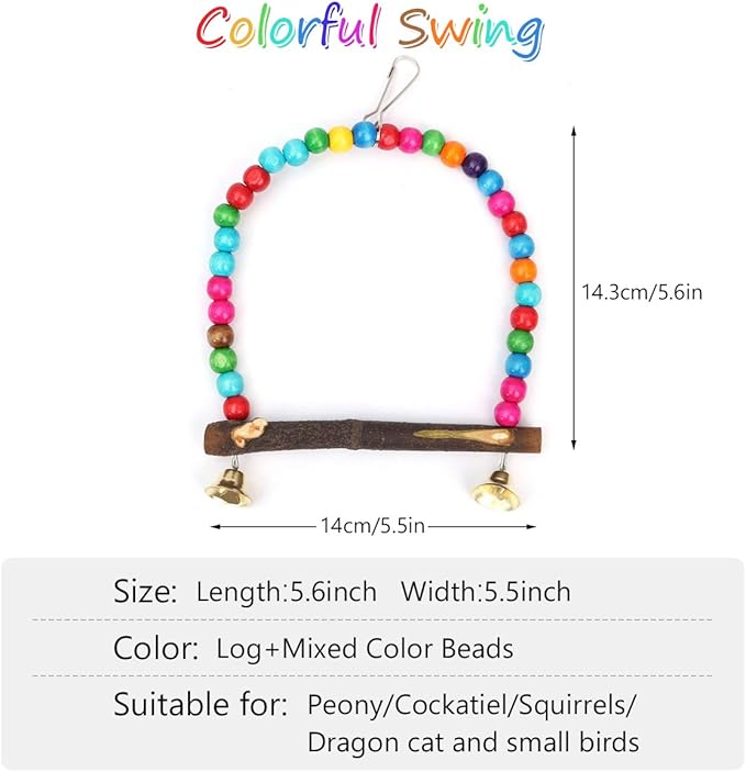 Bird Swing, Multi-Color 5.5 x 5.6 Inch Wooden Bird Swings Budgie Swing Toys Hammock for Parakeets Budgie Bird