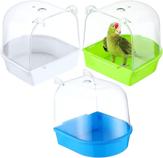Honeydak 3 Pieces Clear Bird Bath for Cage Parakeet Bird Cage Accessories Hanging Bath Box Parrot Bathing Tub with Clear View for Cockatiel Conure Canary Budgies Parrots Blue Green White