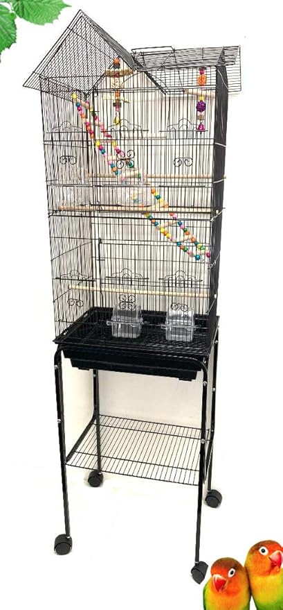63'' Rolling Standing Bird Cage for Cockatiel Sun Conure Parakeet Finch Budgie Lovebird Canary Pet Bird Cage with Stand (Black with Toy)
