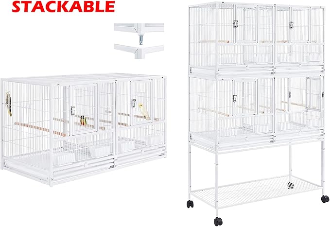 Triple Combo Stacker Sturdy Wrought Iron Center Divided Breeder Side Breeding Doors Bird Flight Double Rolling Cage for Aviaries Canaries Cockatiels Lovebirds Finches Budgies Small Parrots