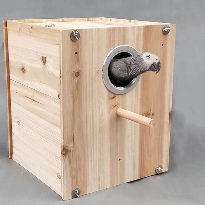 ULTECHNOVO Bird Cage Parakeet Cage Bird Accessories, Parakeet Box Nesting House Parrot Wooden Hole Metal Ring Birds Box - bite Ring