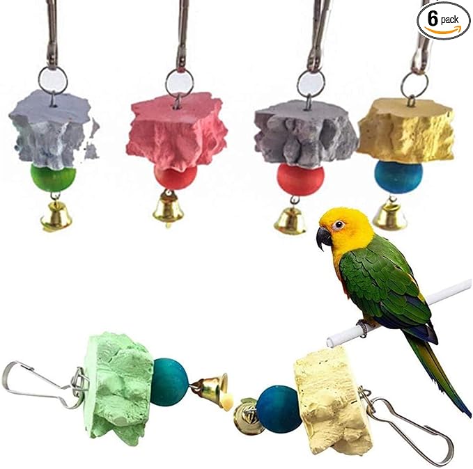 6PCS Bird Grinding Beak Calcium Stone with Bell Rat Mineral Lava Block Trimming Teeth Chewing Toys for Chinchilla Bunny Budgie Cockatiel Parakeet Parrot(Random Delivery of Color)