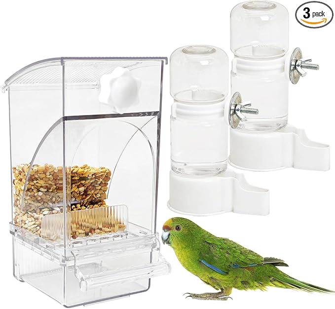 BNOSDM No Mess Bird Feeder Water Dispenser Set Automatic Parrot Feeder Drinker Transparent Food Container 3 Pcs Parakeet Cage Accessories for Cockatiel, Budgies, Conure, Lovebird, Finch (Transparent)