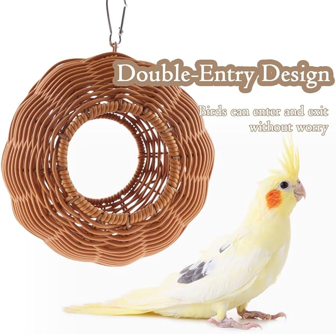 VTurboWay Bird Rattan Nest Chew Resistant Nest Hanging House Parrot Breeding Hideout for Bird Parrot Cockatiel Budgie Parakeet Finch Canary (Double Entrance)