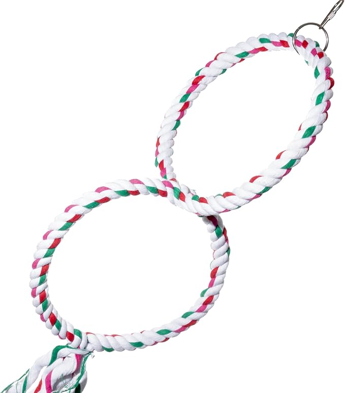 Double Hoop Bird Swing - Cotton Rope Hanging Perch Rings, Climbing Swing & Toy for Parrots, Budgies, Parakeets, Cockatiels, Conures - Large Bird Swing Toy & Cage Accessory