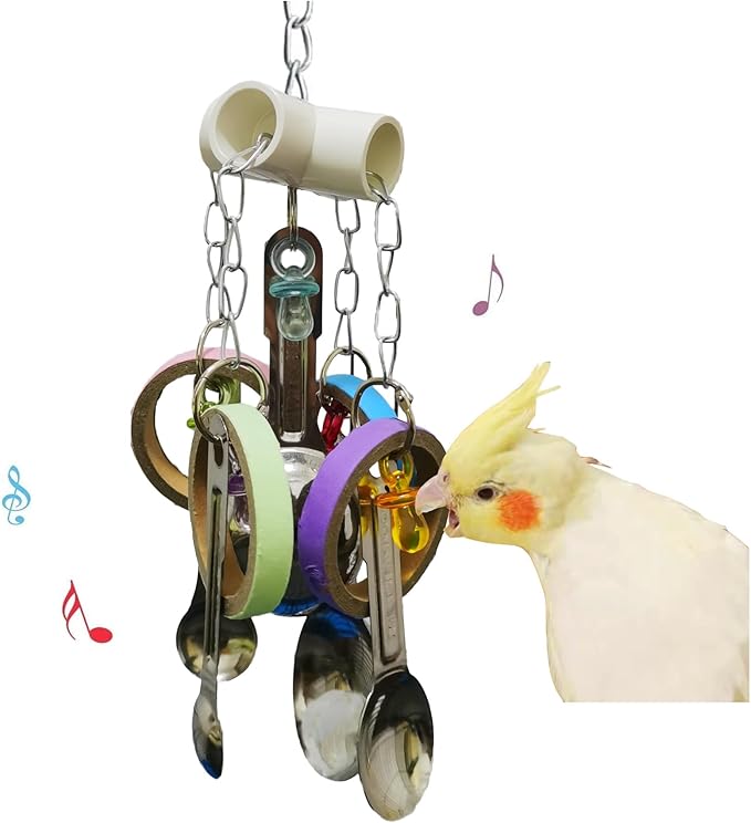 JSLZF Bird Chew Toy for Parrot Durable Scoop and Cardboard Bagel Cockatiel Stainless Steel Spoon Ring Toy Conure Cage Hanging Toy for Lovebirds, Parakeet