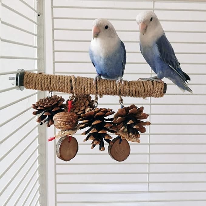 Bird Perches Stand Bird Hemp Perches with Chewing Toys, Birdcage Wood Stand Tree Perches for Birds Cockatiels Parrots Conures Macaws Finches (Medium)