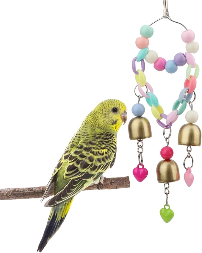 Hypeety Bird Bells Toy Hanging Cage Bell with Sweet Sound Colorful Wood Beads Bells for Lovebirds African Greys Cockatoo Macaw Parakeet Cage Hanging Perch Toy (Bell Toy-3 Bells)
