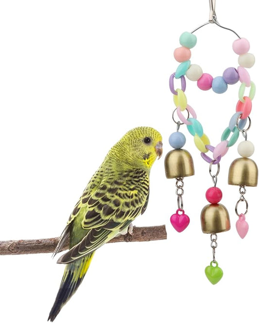 Hypeety Bird Bells Toy Hanging Cage Bell with Sweet Sound Colorful Wood Beads Bells for Lovebirds African Greys Cockatoo Macaw Parakeet Cage Hanging Perch Toy (Bell Toy-3 Bells)