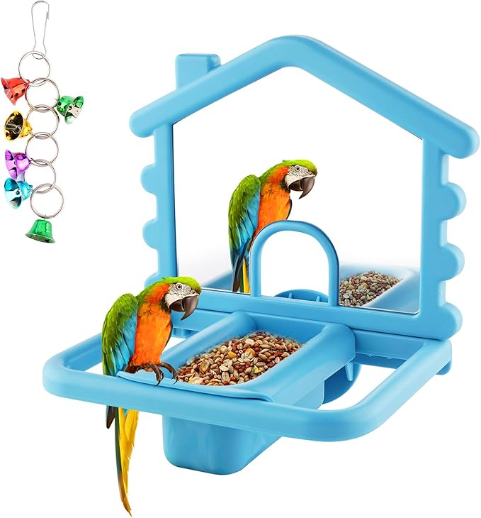 3 in 1 Bird Mirror with Perch Stand,Parrot Mirror for Cage,Bird Swing Toys for Cockatiels,Lovebirds,Conures,Parakeets-Helps Birds Release Stress (Blue)