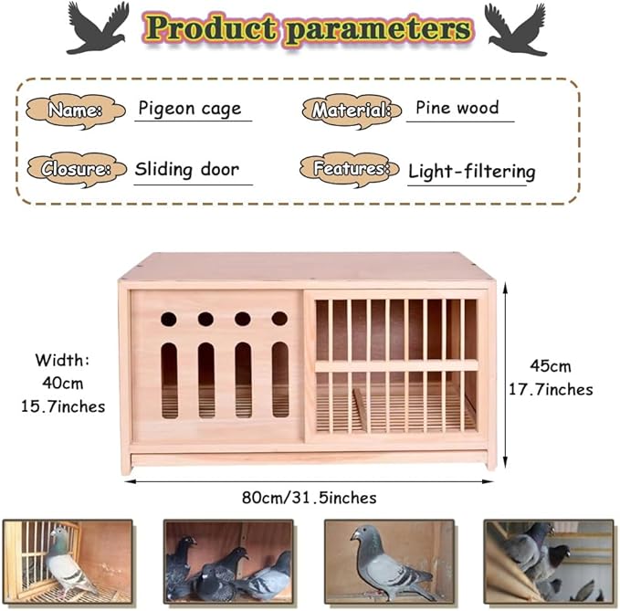 Large Pigeon Cage, Solid Wood Sliding Door Bird Cage, Light-Proof Door Outdoor Pigeon Nest Box, Removable Tray(31.5IN*2)