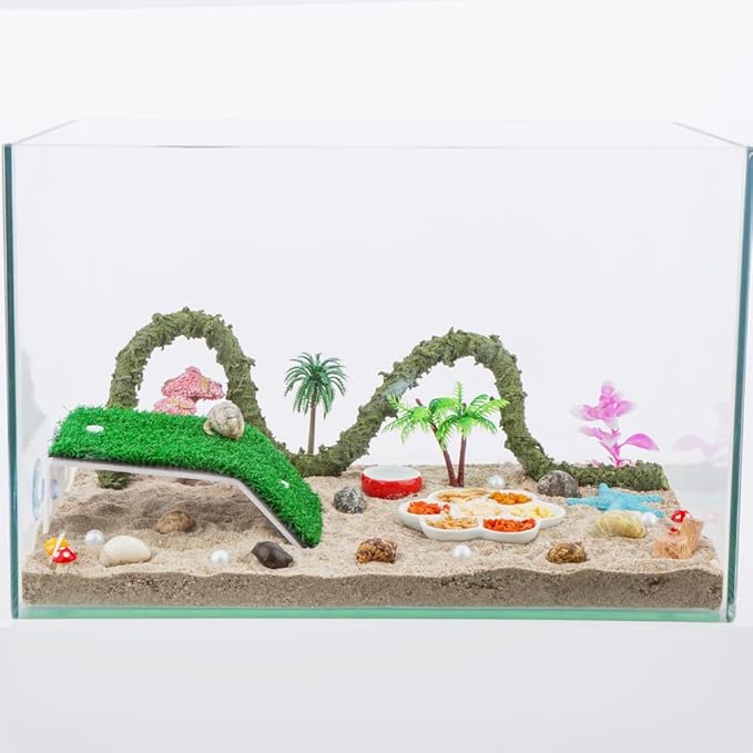 DQITJ 1 Pack Hermit Crab Ramp Toys Simulation Grass Hermit Crab Ramp Climbing Ladder with 1 Pack Ceramic Food Dish for Hermit Crab Habitat