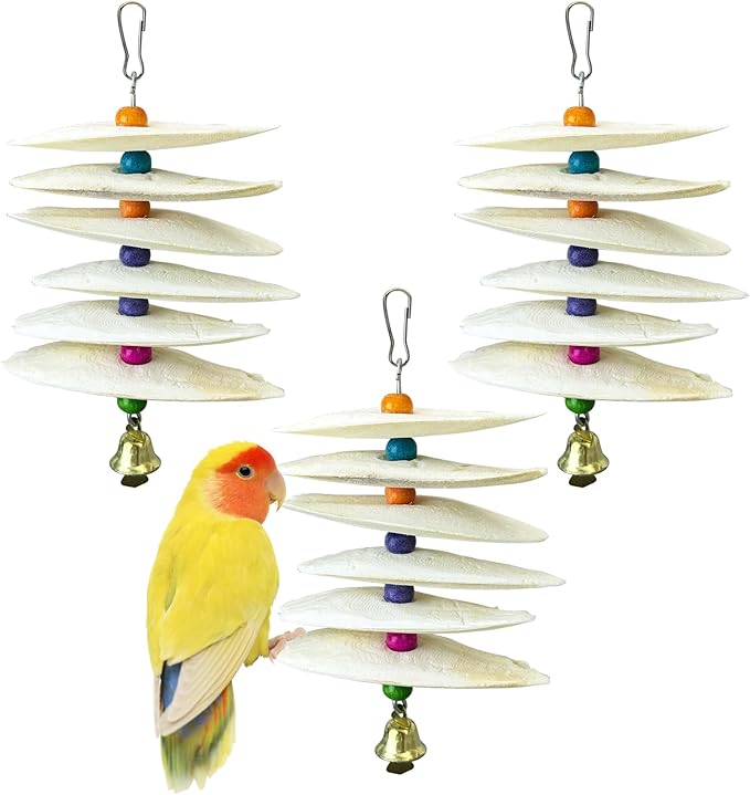 3 Pack Bird Chewing Toy Cuttlebone Parrot Toy with Bell Hanging Bird Beak Grinding Stone Parakeet Cage Accessories for Small & Medium Budgies Lovebirds Cockatiels (Flake, 6 Per Skewer)