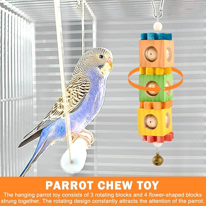 2 Pcs Wooden Bird Chew Toys for Beak Grinding, Hanging Parrot Rotating Wood Block with Bell Parrot Foraging Enrichment Toy for Parakeet, Cockatiel, Conure