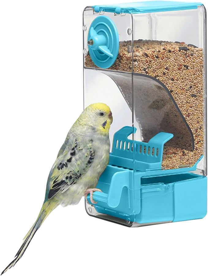 Automatic Bird Feeder, Bird Cage Feeder with Perch for Parakeet Canary Cockatiel Finch (Blue)