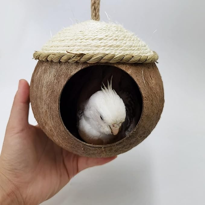 Nest for Birds Bird Nest House Natural Coconut Shell Simulation Birdhouse Grass Bird Hut Parakeet Nesting Box (Straw Rope Wood