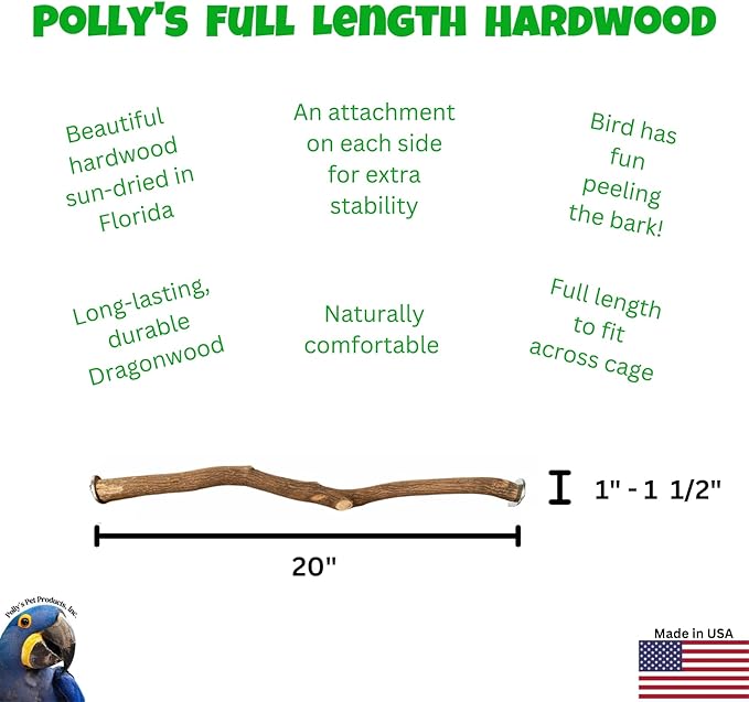 Polly's Full Length Hardwood Cage Perch for Parakeets, Cockatiels, Cockatoos, Macaws, and Other Birds (20")