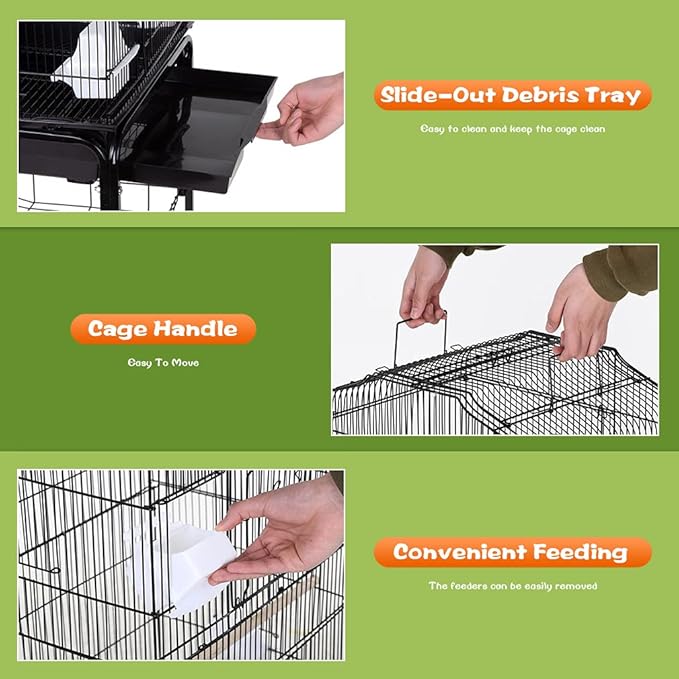 BestPet 64 inch Wrought Iron Bird Cage for Parakeets Medium Small Parrots Parakeet Cage with Detachable Rolling Stand & Play Open Top for Cockatiels Lovebird Finches Canaries (Black)