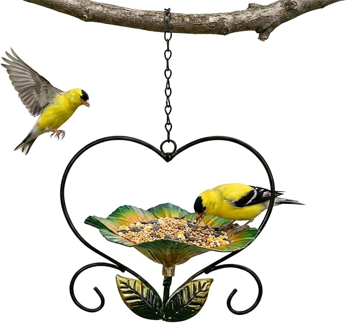 Heart-Shaped Wrought Iron Flower Bird Feeder, Signals Heart Shaped Bird Feeder Stake-Outdoor Garden Patio Decoration for Cardinals, Finches, Parrots & Wild Birds, for Patio Watching (Green)