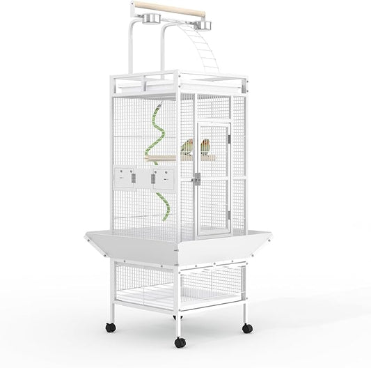 60" h Large Bird Cage, Indoor Parakeet Cage with Playtop, Bird Rope Perche, Heavy Duty Wrought Iron Bird Cage on Wheels for Parrots, Parakeets, Cockatiels, Conures