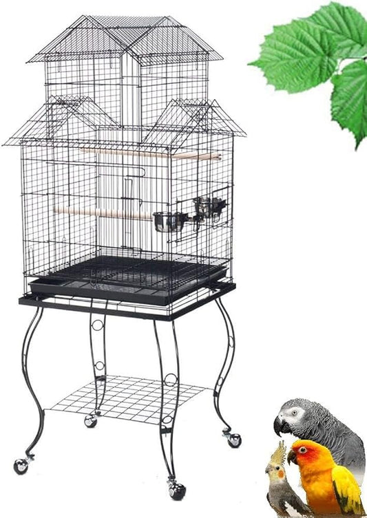 Large 57-Inch Pagoda House Roof Top Parrot Lovebird Cockatiel Cockatiels Parakeets Cage with Stand, Black Vein