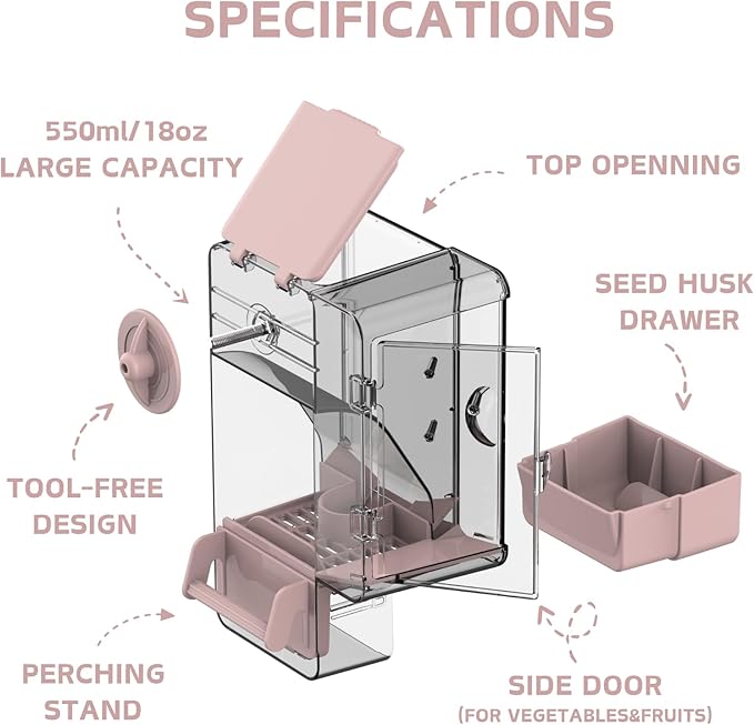 Automatic Bird Feeder, No Mess Bird Cage Feeder with Perch Multi-Functional Holder for Fruits Vegetables for Parakeet Canary Cockatiel Finch (Pink)