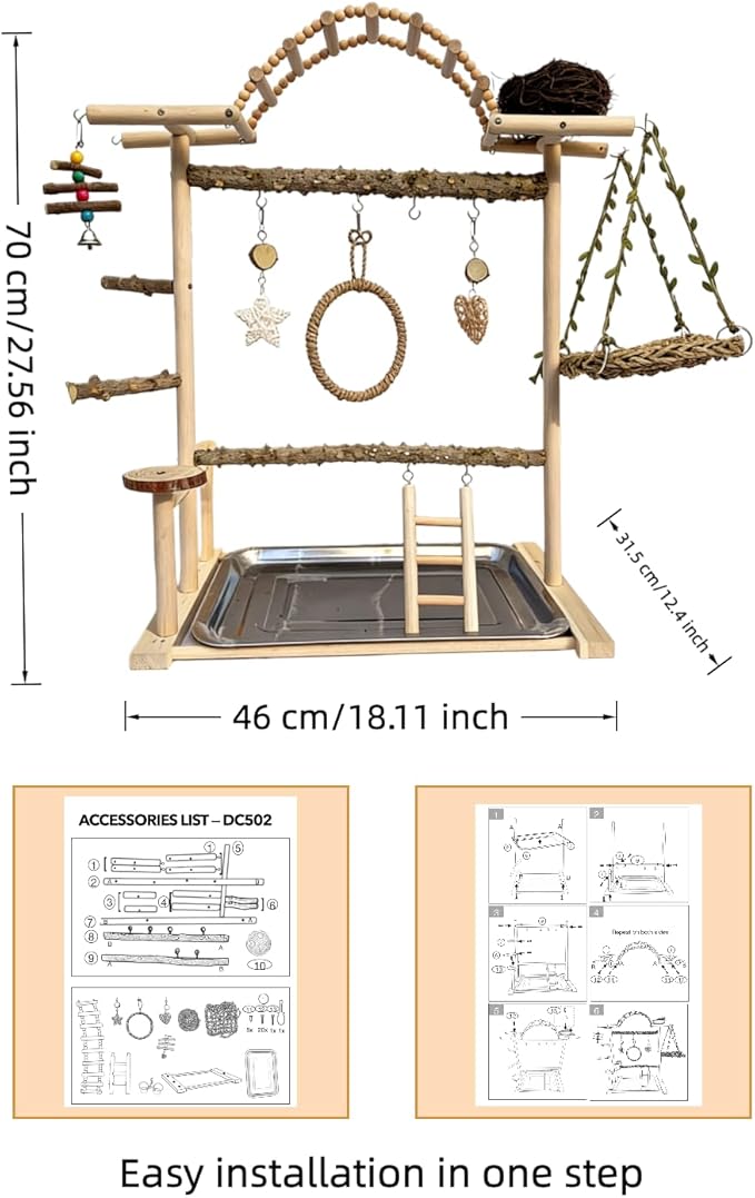 Multi-Level Bird Play Stand with Rope & Bell Toys | Natural Wooden Parrot Play Stand with Ladder & Swing | Ideal for Small to Medium Birds | Great for Cockatiels & Parakeets