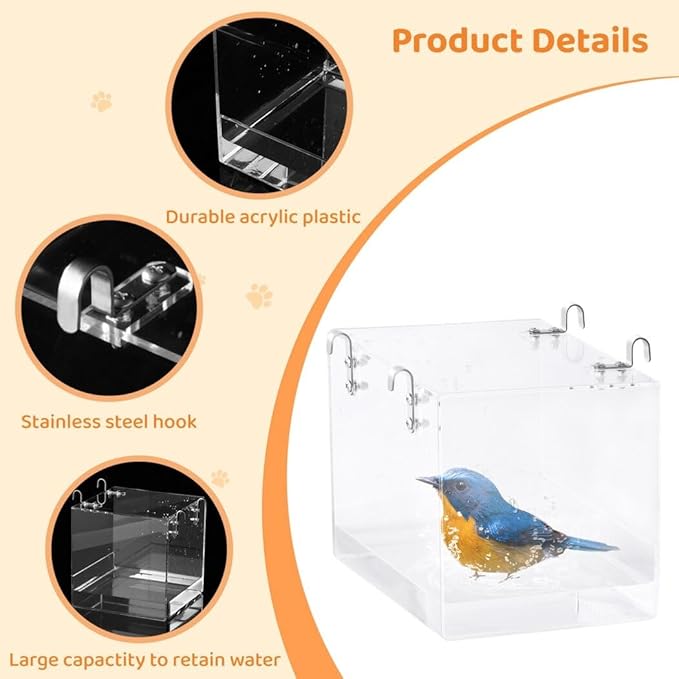 Bird Bath for Cage, Clear Bird Cage Hanging Bath Box, Small Bird Bathing Tub, Bird Cage Accessories for Cockatiel, Conure, Parakeet, Blue (Medium)