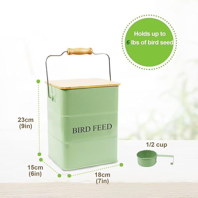 Metal Bird Seeds storage container,Outdoor Bird Container Canister, Pet Food Bin with Wooden Lid/Handle/Food scoop,hold 5-6 Lbs of Wild Bird Seed Sunflower Seed-Preventing Squirrels-Green