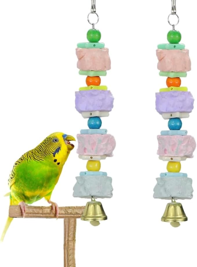 Litewoo Bird Beak Trim Colorful Calcium Stone Parrot Pet Chew Long String Cage Toy with Bell, Chinchilla Grinding Teeth Lava Block for Conure, Budgies, Parakeet, Hamster, Rabbit 2-Pcs