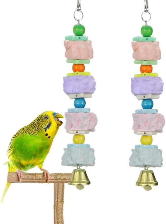 Litewoo Bird Beak Trim Colorful Calcium Stone Parrot Pet Chew Long String Cage Toy with Bell, Chinchilla Grinding Teeth Lava Block for Conure, Budgies, Parakeet, Hamster, Rabbit 2-Pcs