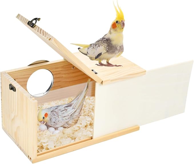 Parrot Nesting Box Cockatiel Nesting Box Bird Breeding Box House Handcrafted Wooden Acrylic Transparent Bird Box with Detachable Wooden Board for Parakeets Cockatiel Budgie Conure Parrot L