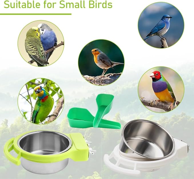 2 Pack Bird Detachable Bowl Stainless Steel Feeder Feeding Dish Water Cup Perch Stand with 2 Pcs Spoon for Bird Parrot Canary Finch Parakeet Budgie Cockatiel Lovebird